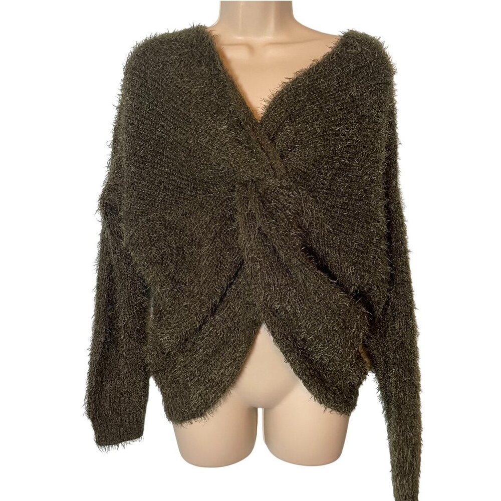Kaari Blue Women Sweater Green Twist Front Size Large Fuzzy Fairycore Soft Girl